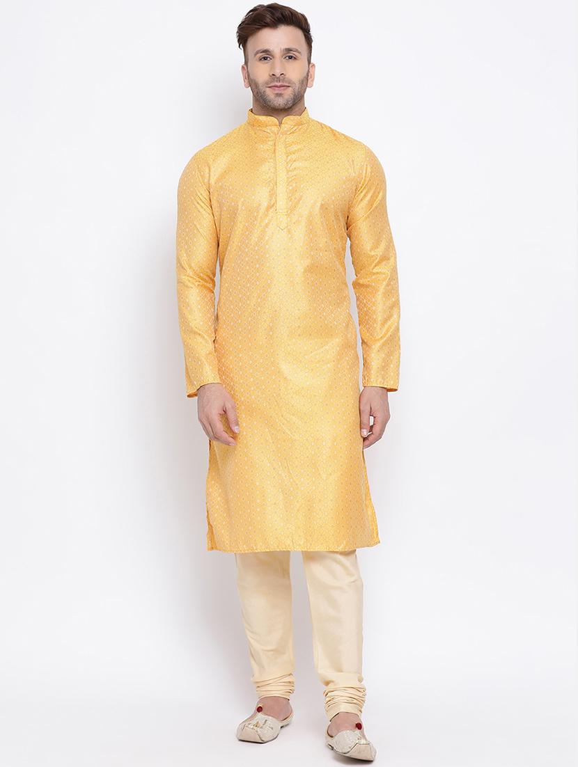 yellow printed silk blend long kurta - 17451170 - Zoom Image - 0