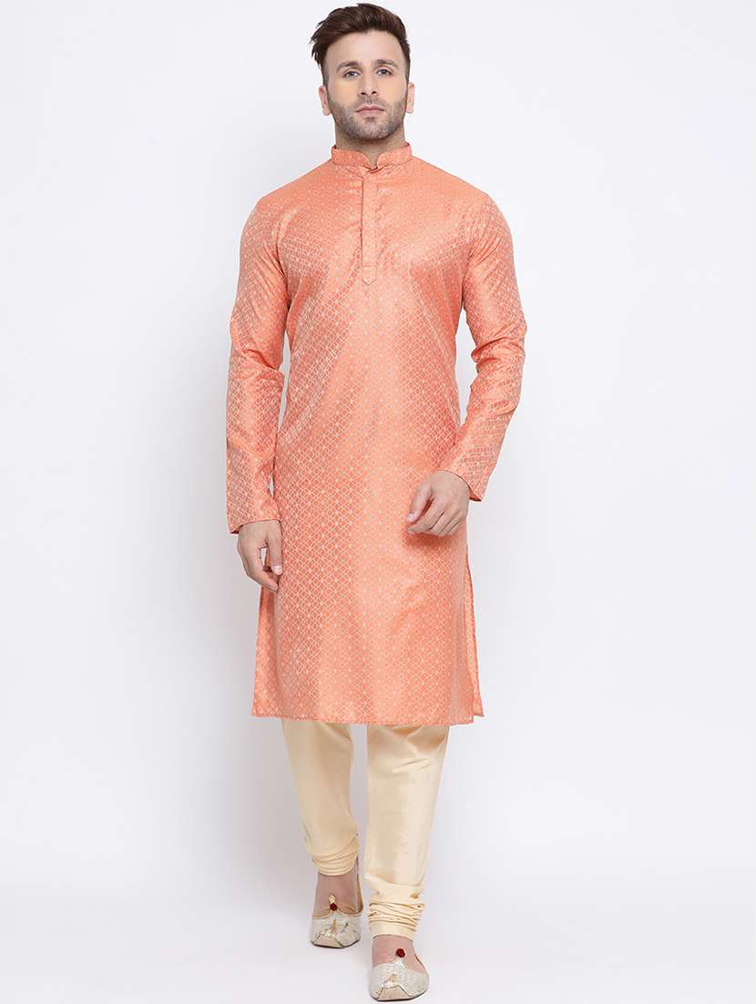peach printed silk blend long kurta