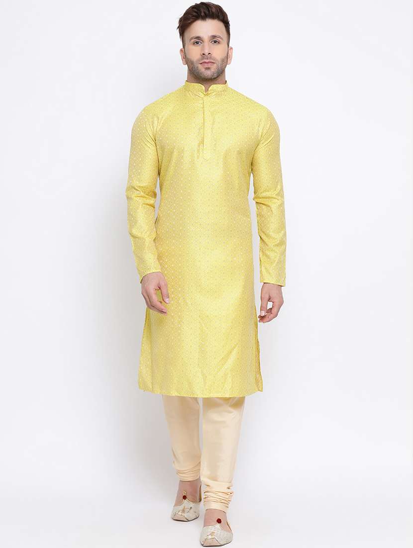 yellow printed silk blend long kurta - 17451172 - Zoom Image - 0