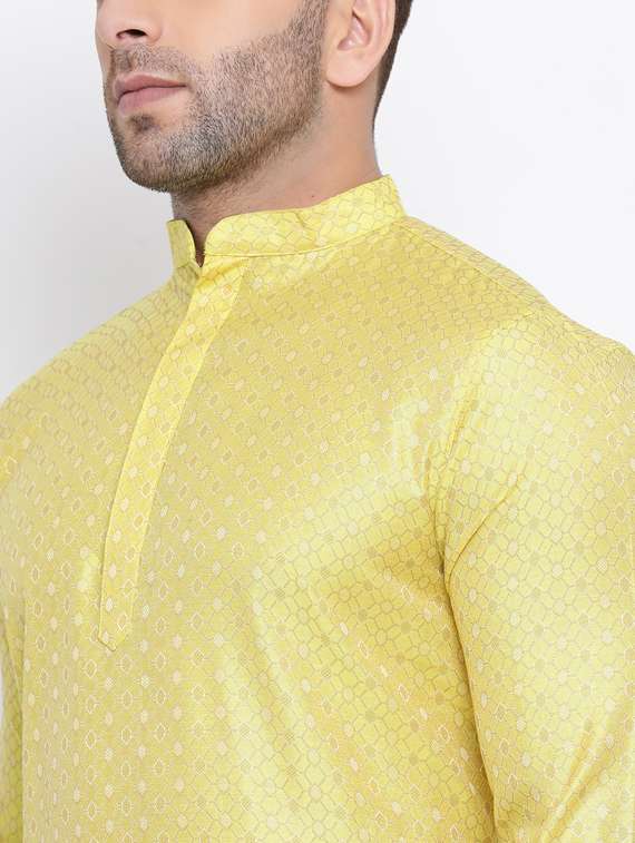 yellow printed silk blend long kurta - 17451172 - Standard Image - 3