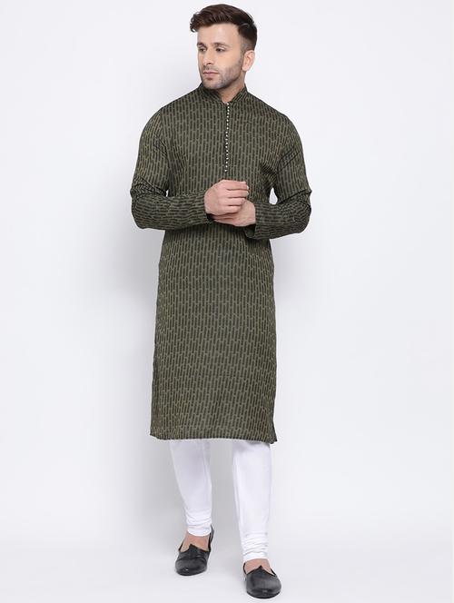 olive green self design silk blend long kurta - 17451187 - Standard Image - 0