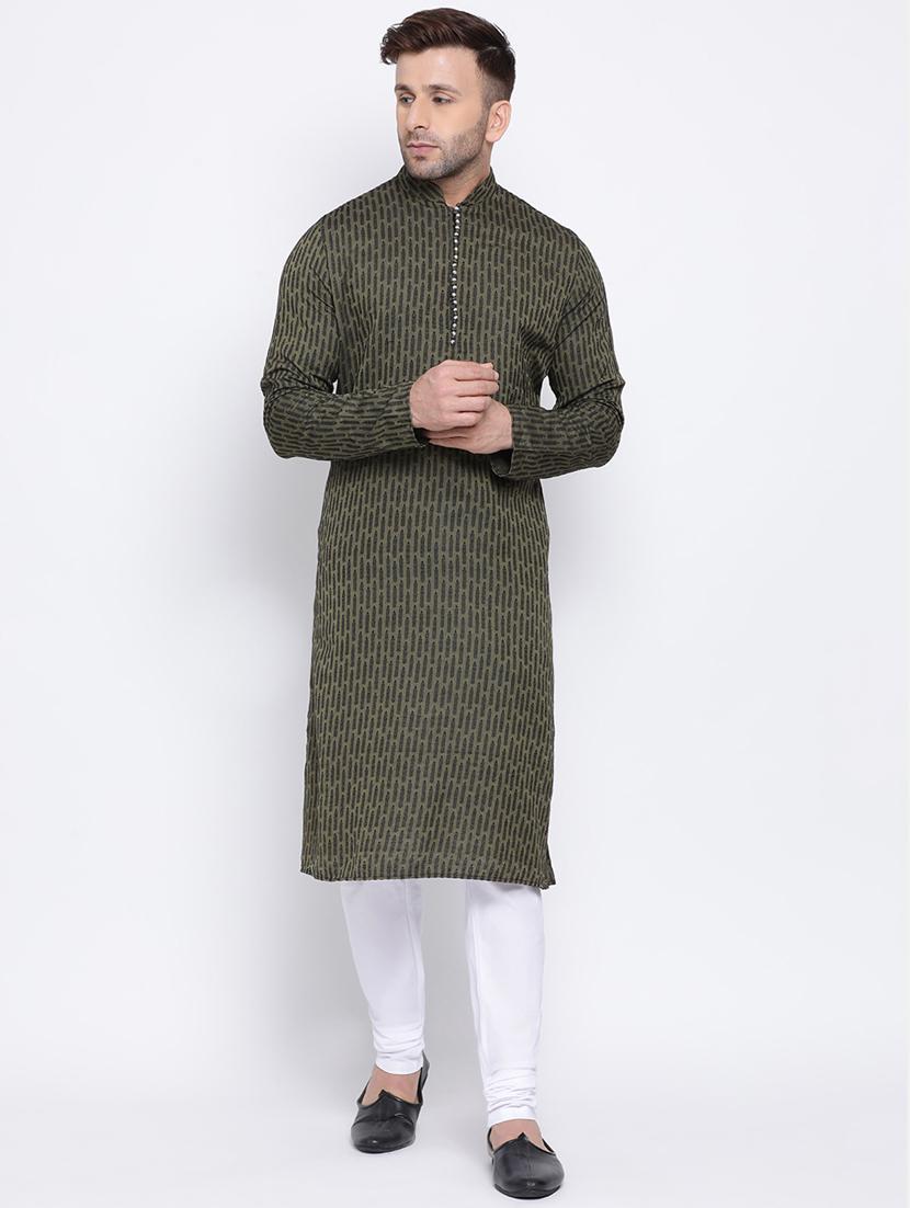 olive green self design silk blend long kurta - 17451187 - Zoom Image - 0