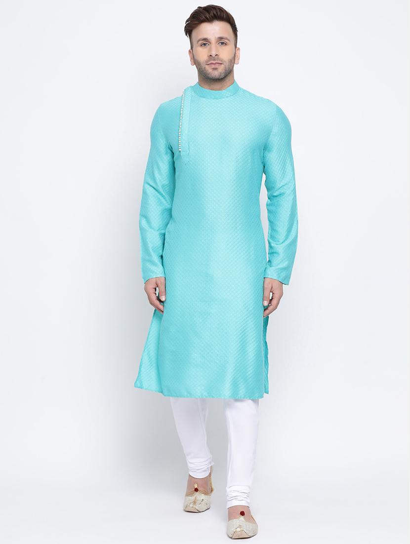 light blue embroidered silk blend long kurta - 17451190 - Zoom Image - 0