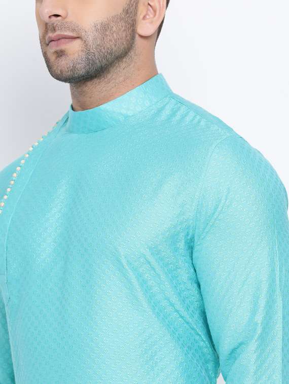 light blue embroidered silk blend long kurta - 17451190 - Standard Image - 3