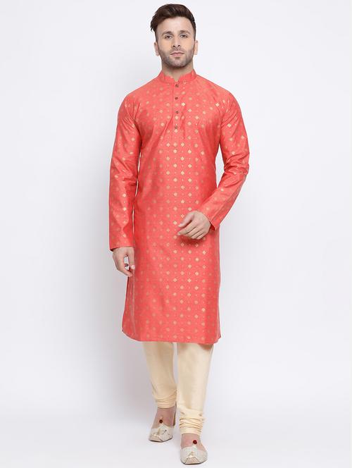 peach printed silk blend long kurta - 17451191 -  Standard Image - 0