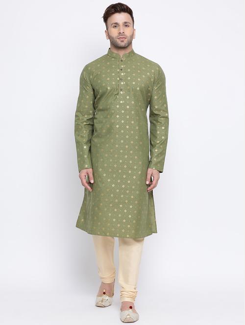 olive green printed silk blend long kurta - 17451192 - Standard Image - 0
