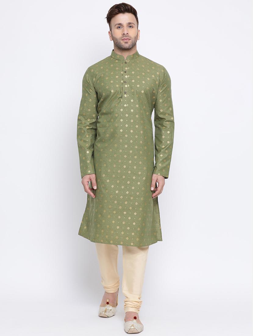 olive green printed silk blend long kurta - 17451192 - Zoom Image - 0