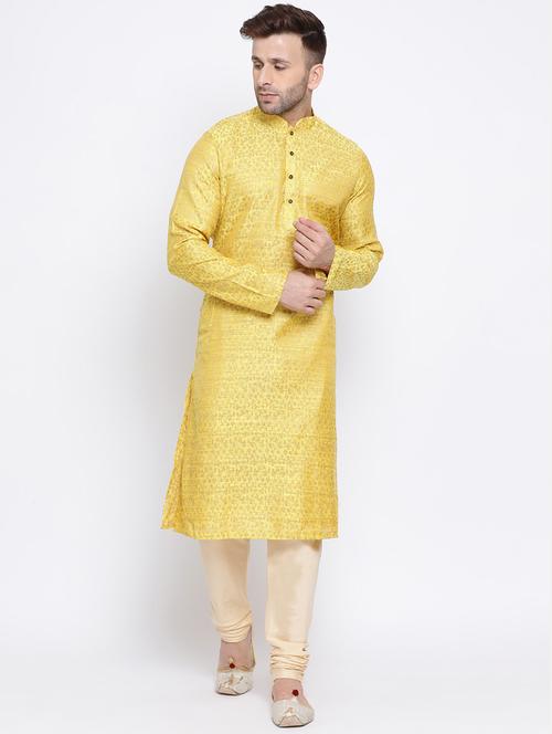 yellow jacquard silk blend long kurta - 17451193 - Standard Image - 0