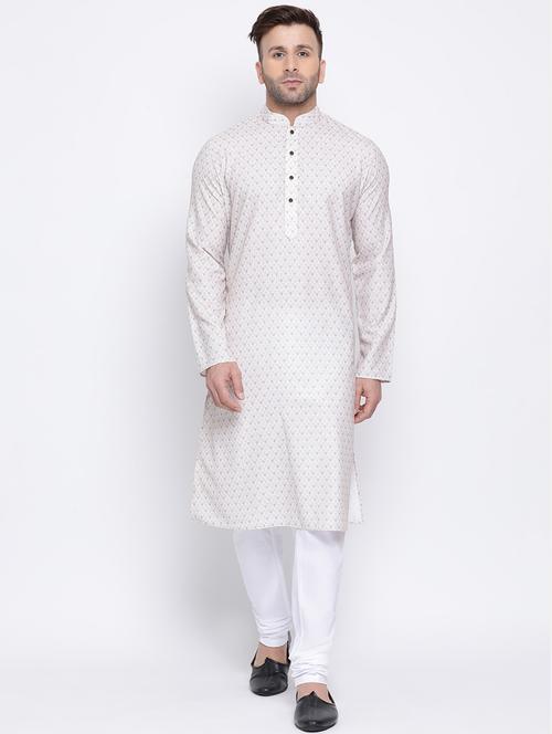white printed linen long kurta - 17451198 -  Standard Image - 0