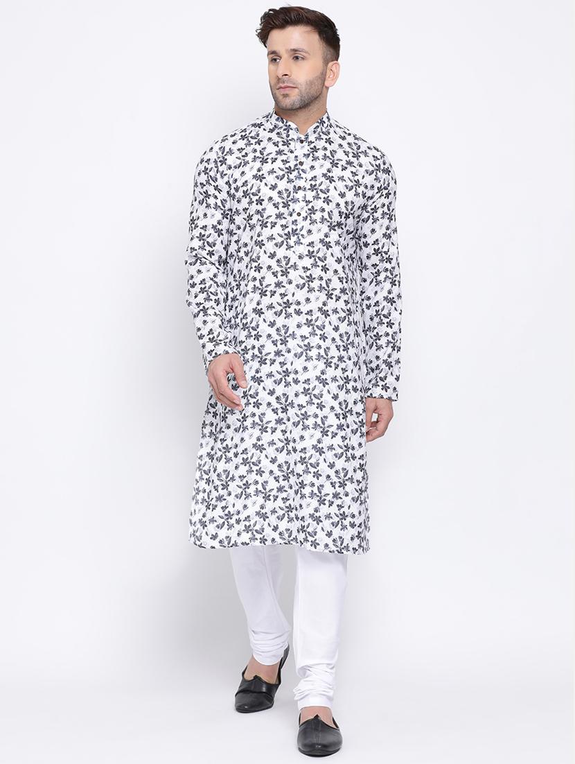 white printed linen long kurta - 17451199 -  Zoom Image - 0