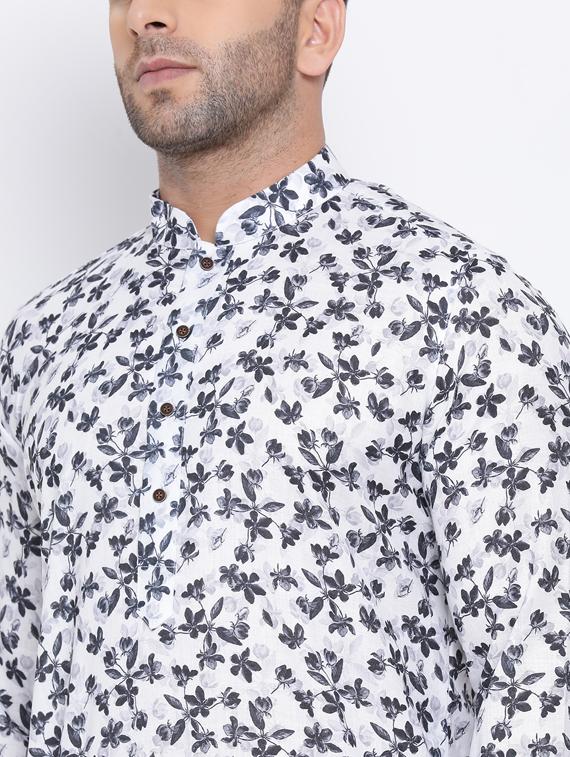 white printed linen long kurta - 17451199 - Standard Image - 3