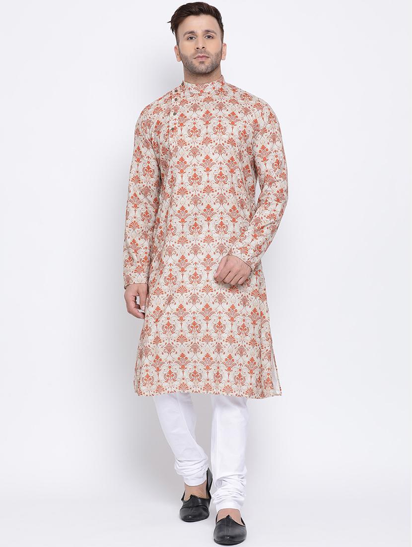 beige printed linen long kurta - 17451206 -  Zoom Image - 0