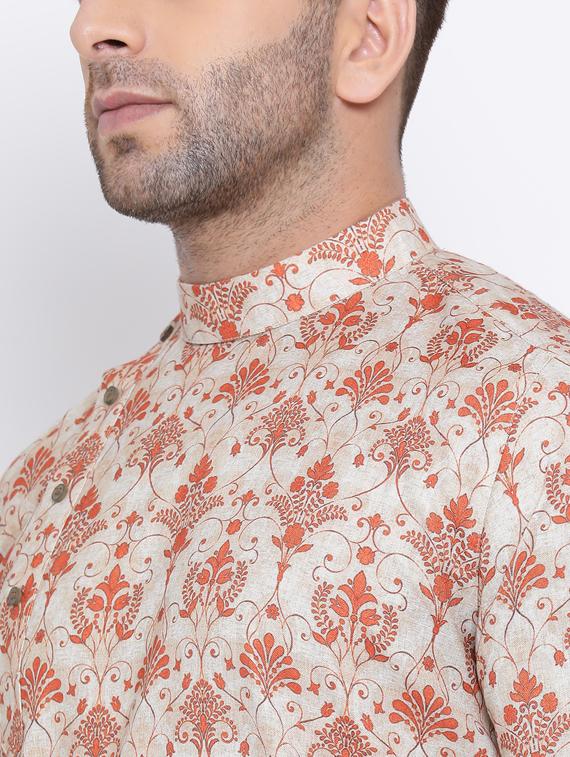 beige printed linen long kurta - 17451206 - Standard Image - 3