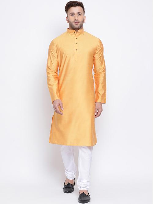 orange solid pure silk long kurta - 17451207 - Standard Image - 0