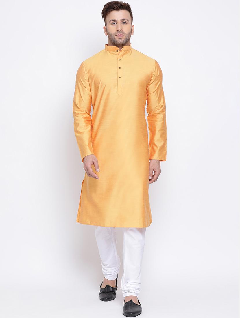 orange solid pure silk long kurta - 17451207 - Zoom Image - 0