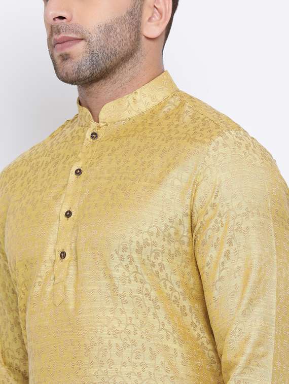 beige jacquard silk blend long kurta - 17451223 - Standard Image - 3