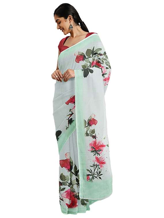 women's floral neo mint colored saree with blouse - 17451636 - Zoom Image - 0