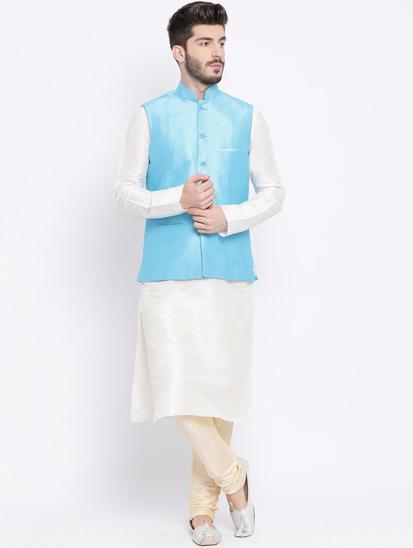 off white solid dupion kurta pyjama set with blue nehru jacket - 17451720 -  Zoom Image - 0
