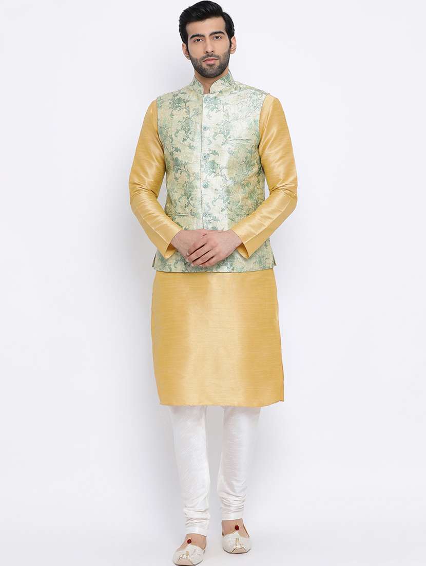 yellow solid silk kurta pyjama set with green printed nehru jacket - 17451721 - Zoom Image - 0