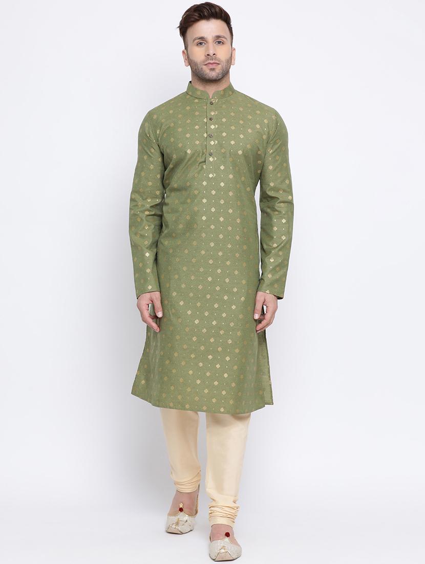 olive green printed dupion kurta pyjama set - 17453099 - Zoom Image - 0