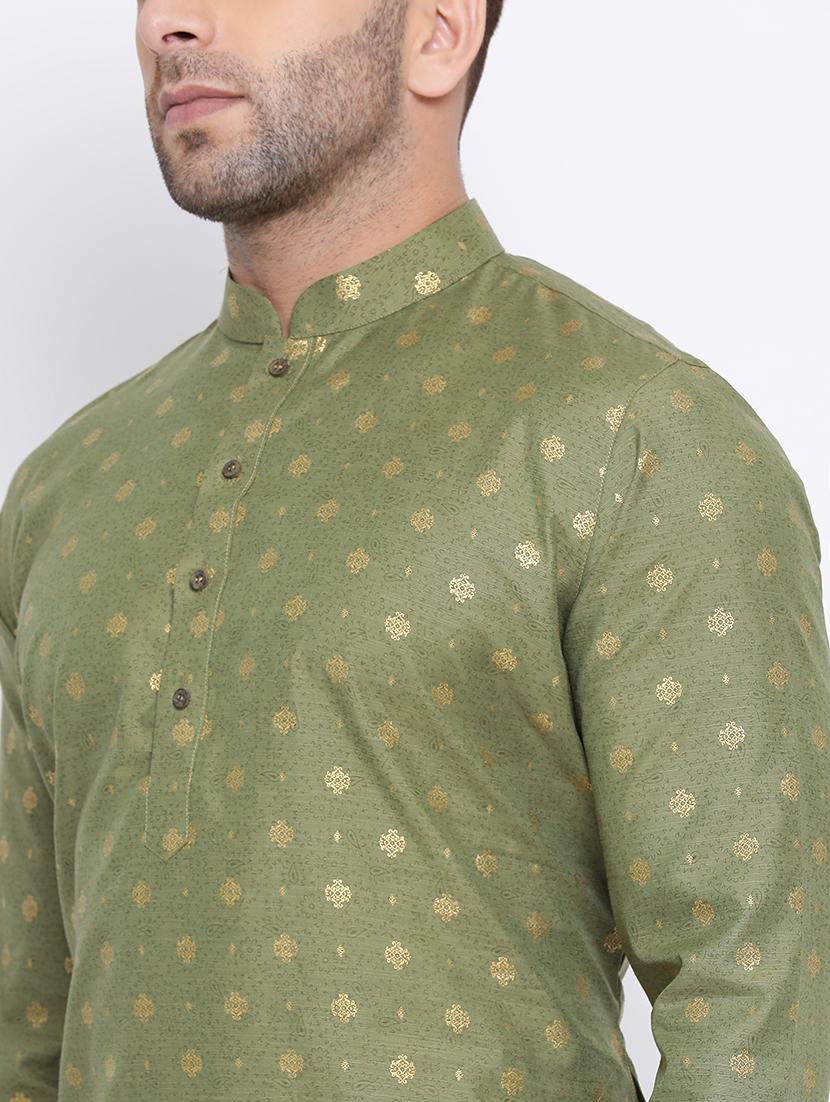 olive green printed dupion kurta pyjama set - 17453099 - Standard Image - 3