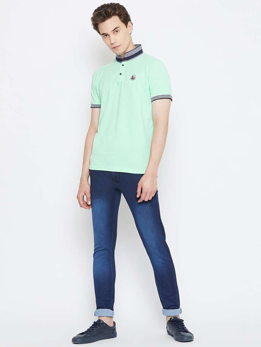 sea green solid collared t-shirt - 17453446 - Standard Image - 3