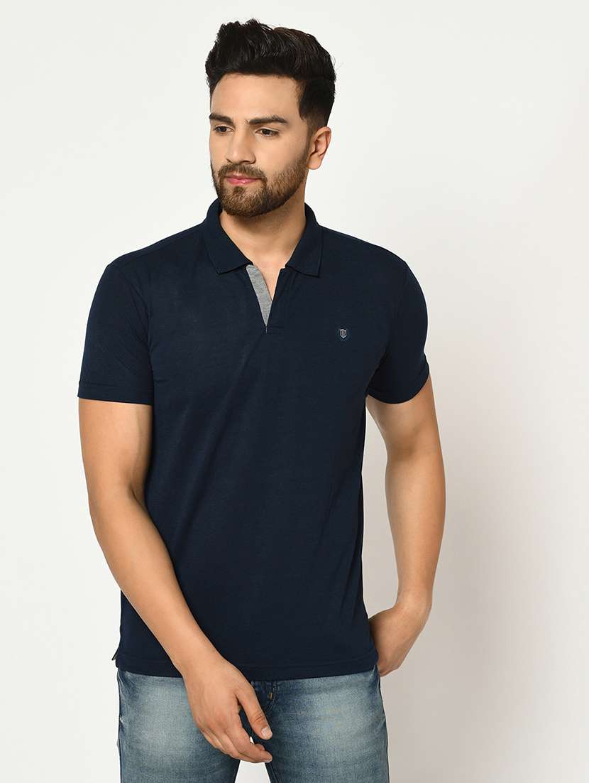 navy blue solid collared t-shirt - 17453471 - Zoom Image - 0
