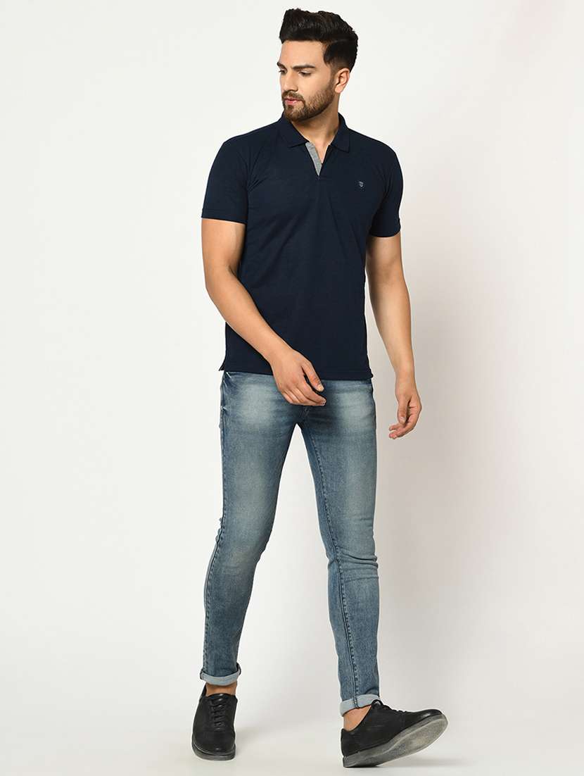 navy blue solid collared t-shirt - 17453471 - Standard Image - 3