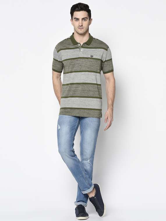 olive green striped collared t-shirt - 17453511 - Standard Image - 3