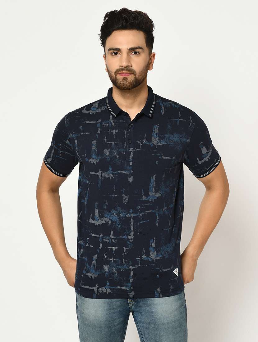 navy blue printed collared t-shirt - 17453580 -  Zoom Image - 0