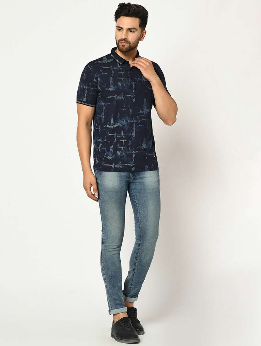 navy blue printed collared t-shirt - 17453580 - Standard Image - 3