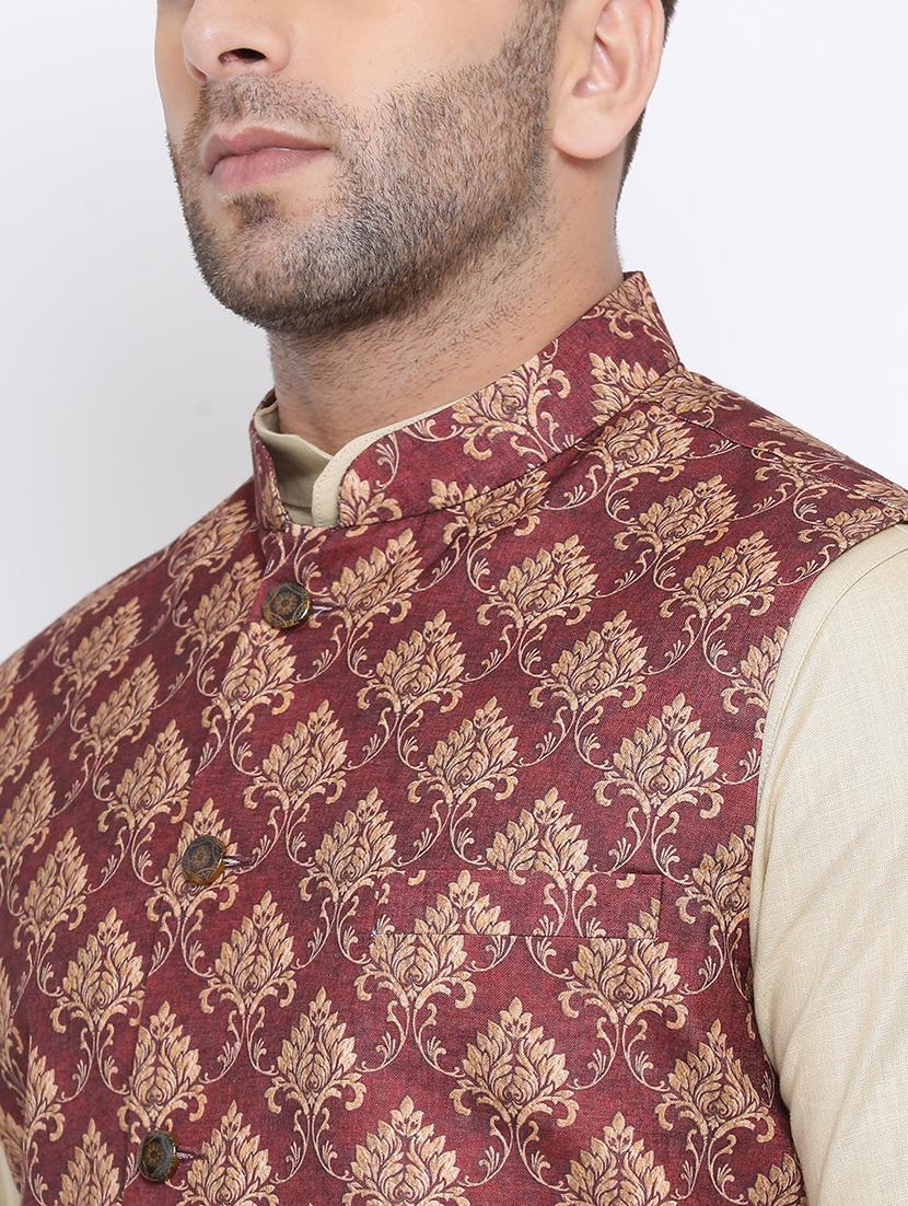 maroon printed linen nehru jacket - 17454125 - Standard Image - 3