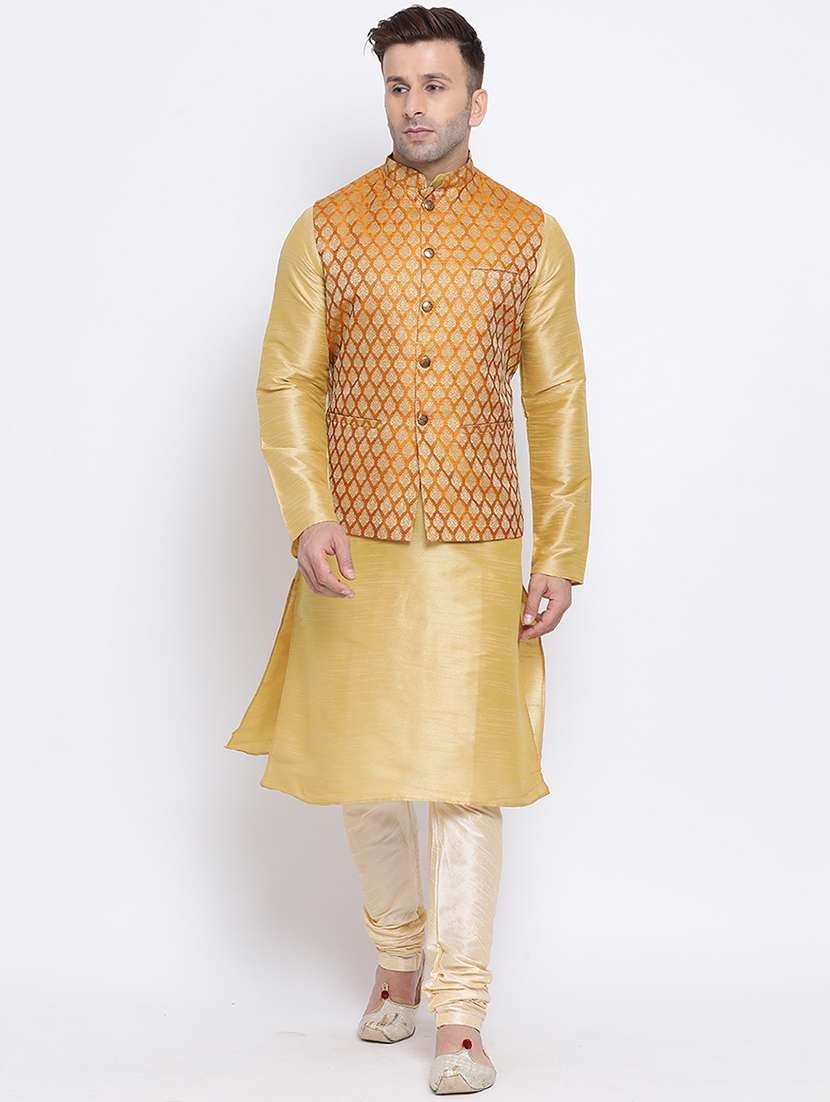 gold jacquard nehru jacket - 17454160 - Standard Image - 3