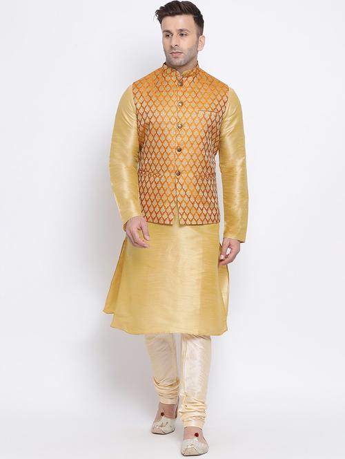gold solid kurta pyjama set with gold jacquard nehru jacket - 17454665 - Standard Image - 0