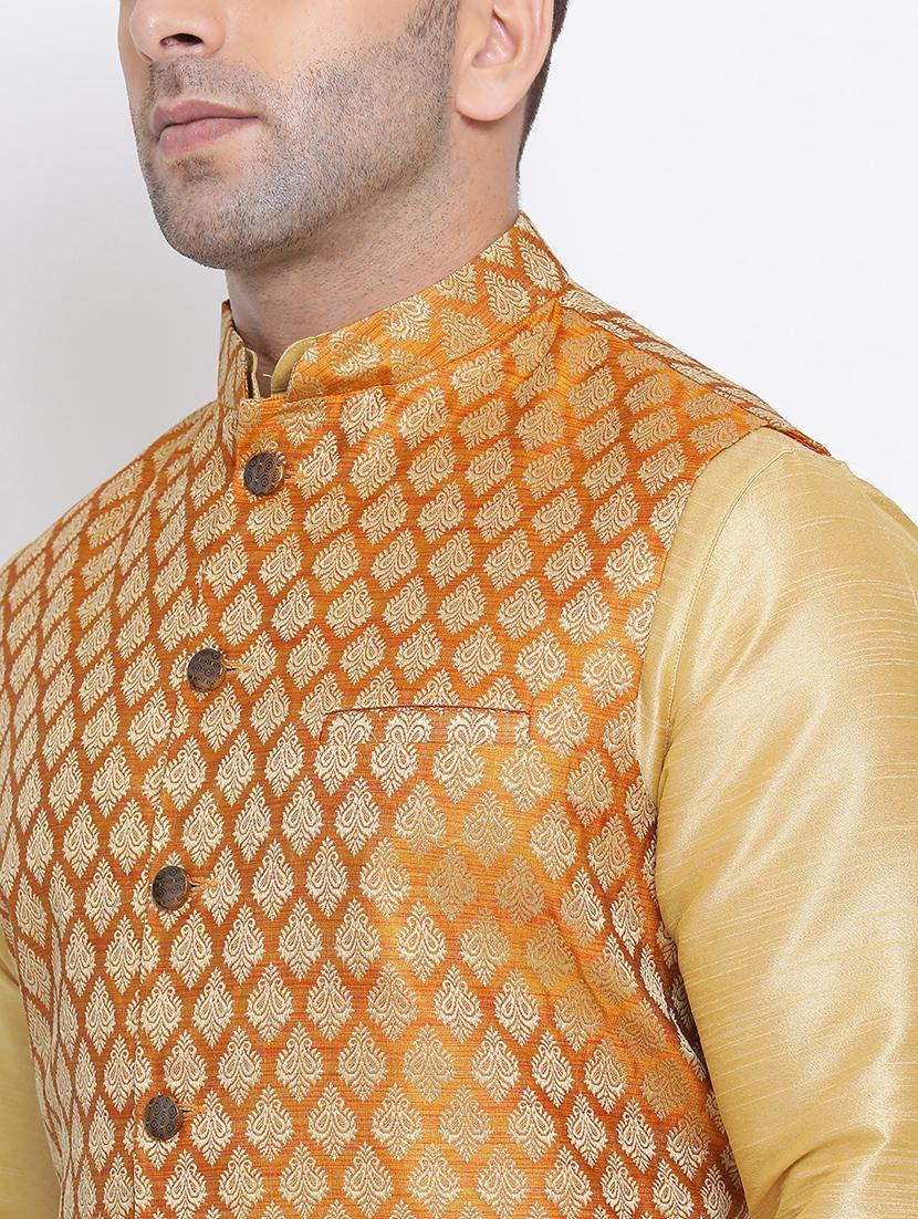 gold solid kurta pyjama set with gold jacquard nehru jacket - 17454665 - Standard Image - 3