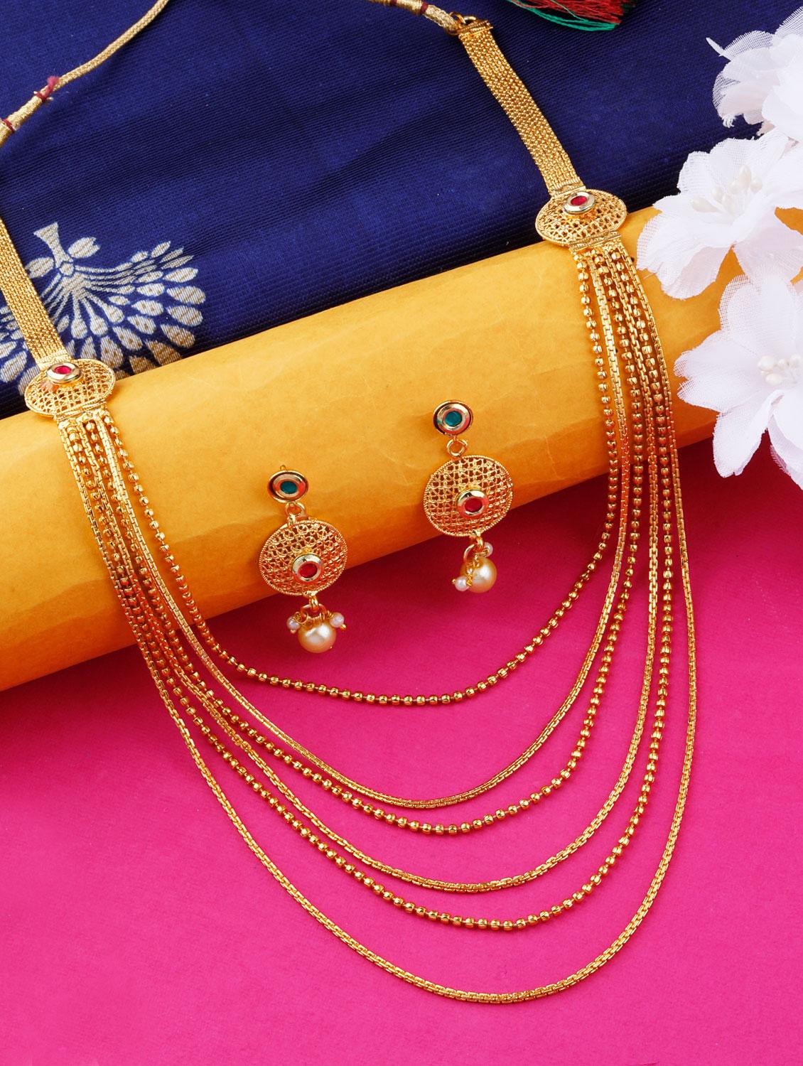 gold plated brass long double layered necklaces with earring - 17456157 - Zoom Image - 0