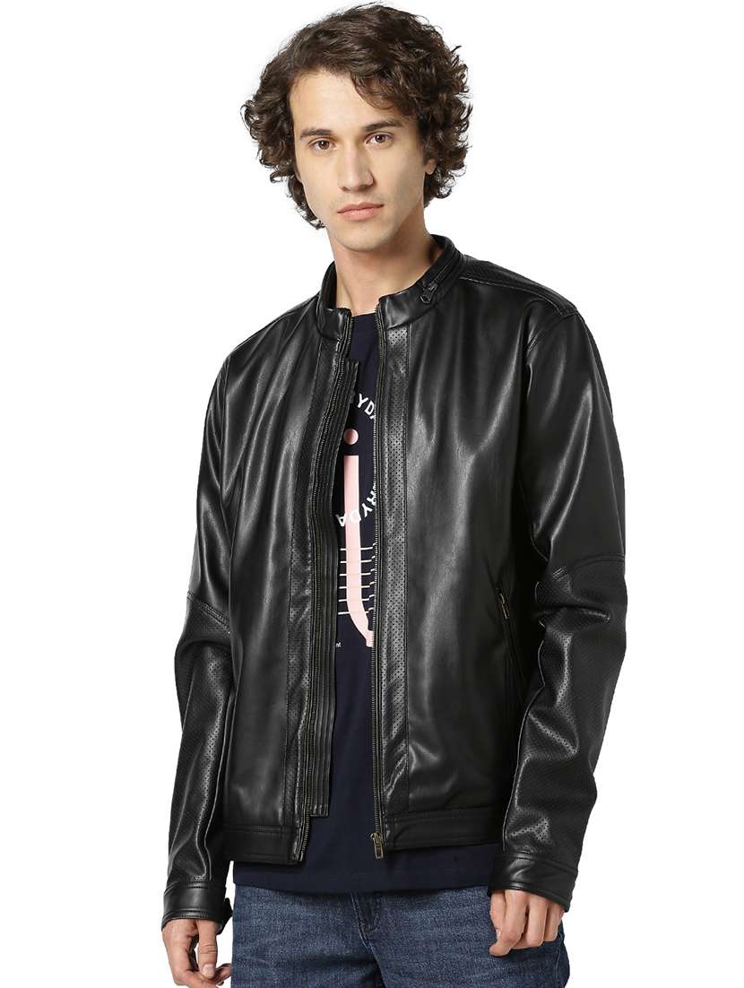 Buy online Black Solid Pu Biker Jacket from Jackets for Men by
