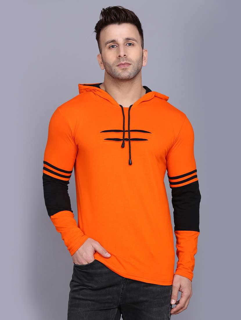 orange color block cut & sew hooded t-shirt