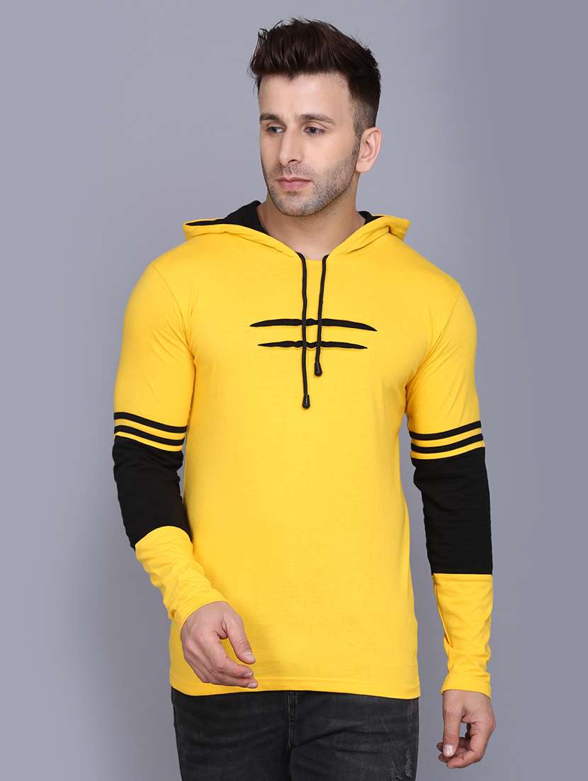 yellow color block cut & sew hooded t-shirt