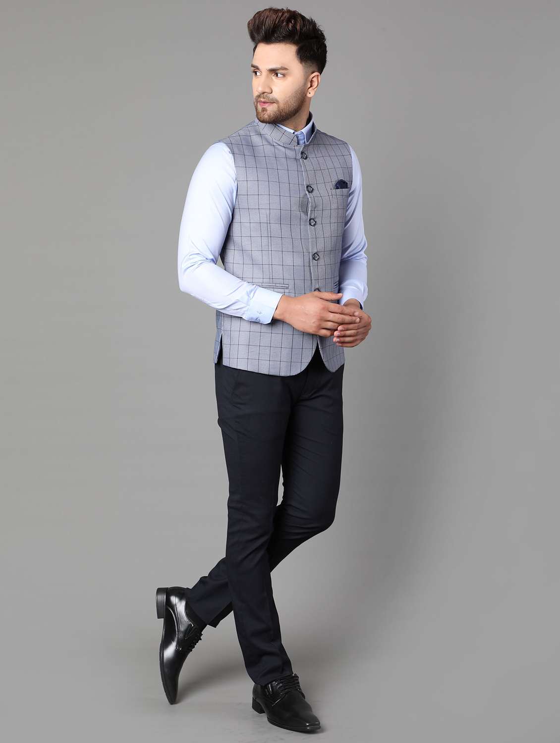 Buy online Blue Checkered Nehru Jacket 