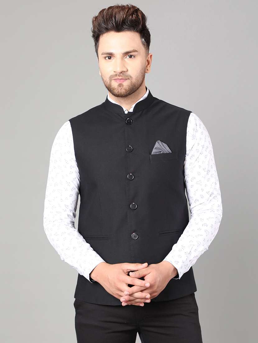 Buy online Navy Blue Solid Nehru Jacket 