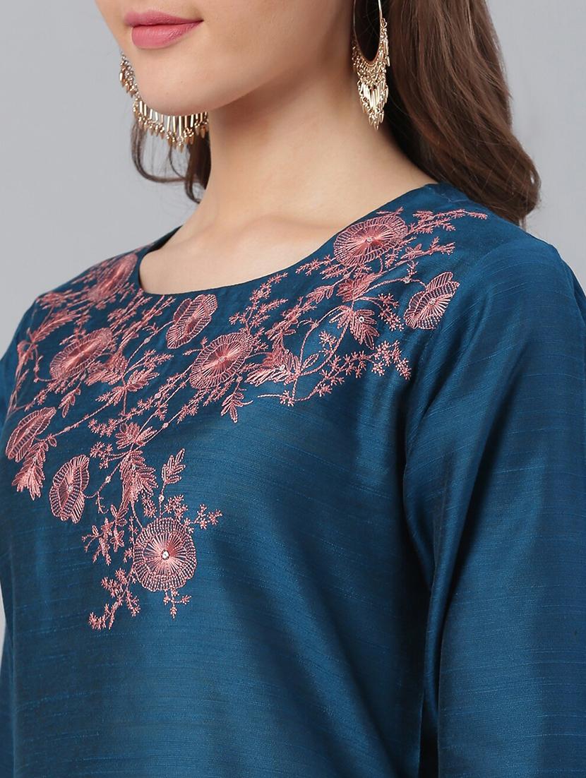 teal art silk straight kurta - 17465814 - Standard Image - 3