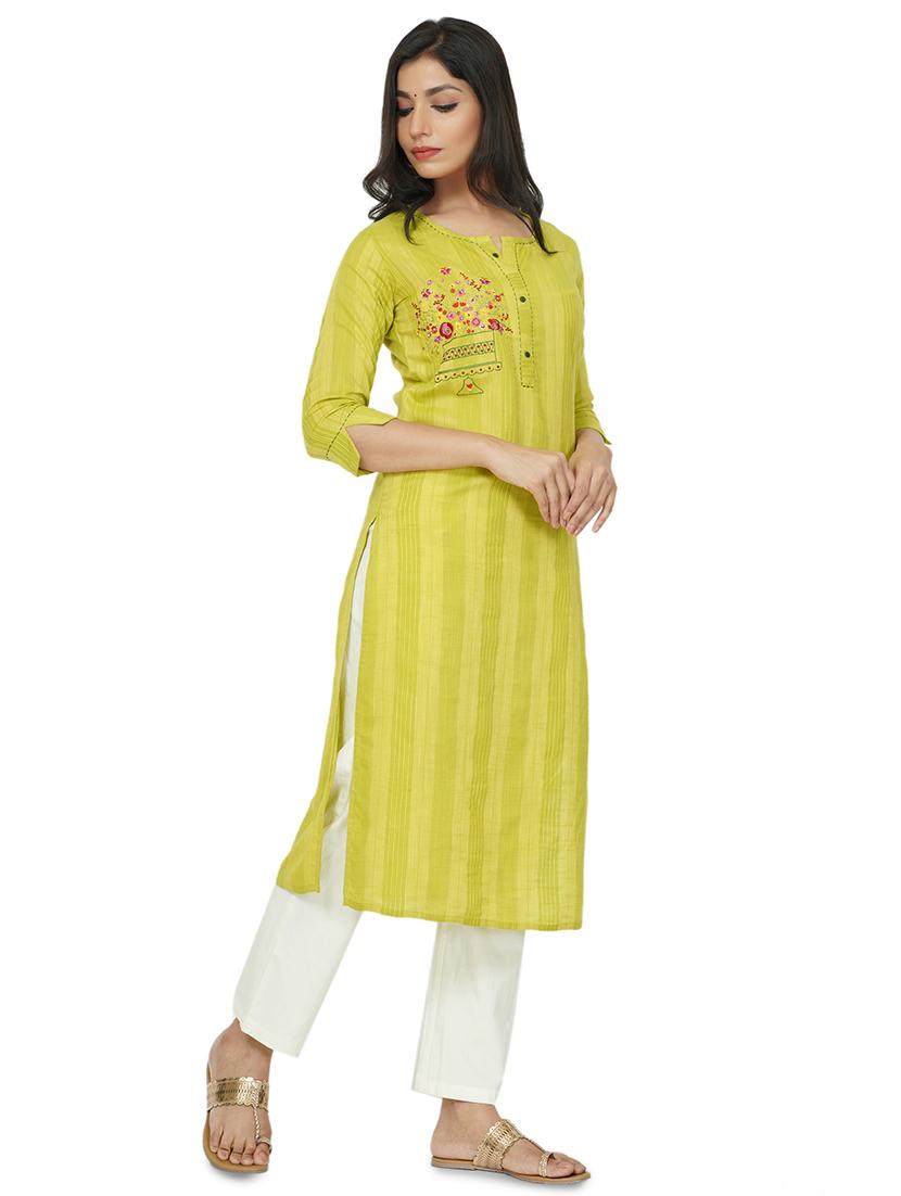 green cotton straight kurta - 17466986 -  Zoom Image - 0