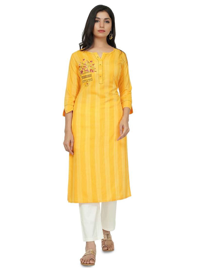 yellow cotton straight kurta - 17466987 - Zoom Image - 0