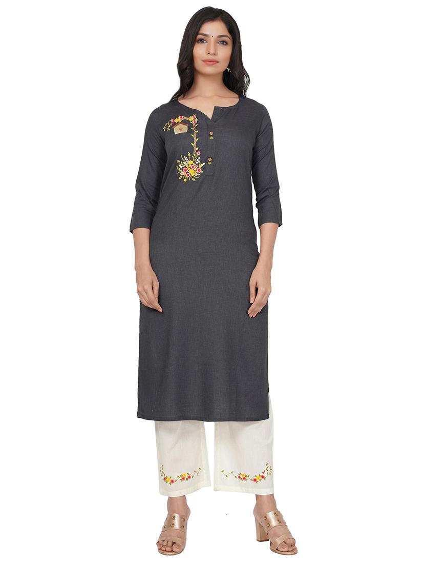 grey cotton straight kurta - 17466988 - Zoom Image - 0