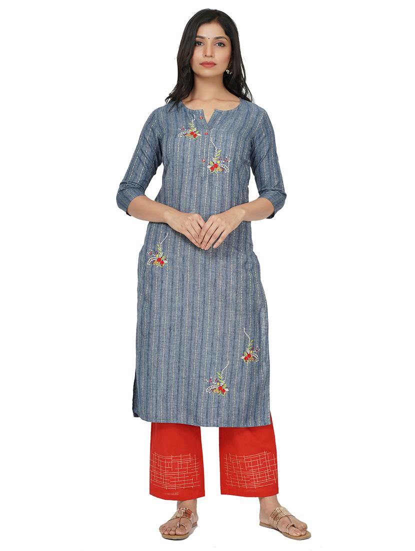 grey cotton straight kurta - 17466990 -  Zoom Image - 0
