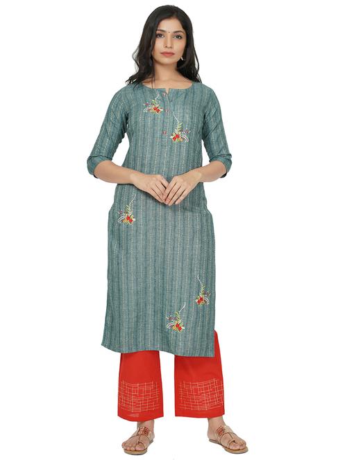 teal cotton straight kurta - 17466991 - Standard Image - 0
