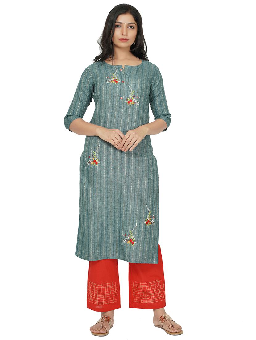 teal cotton straight kurta - 17466991 - Zoom Image - 0