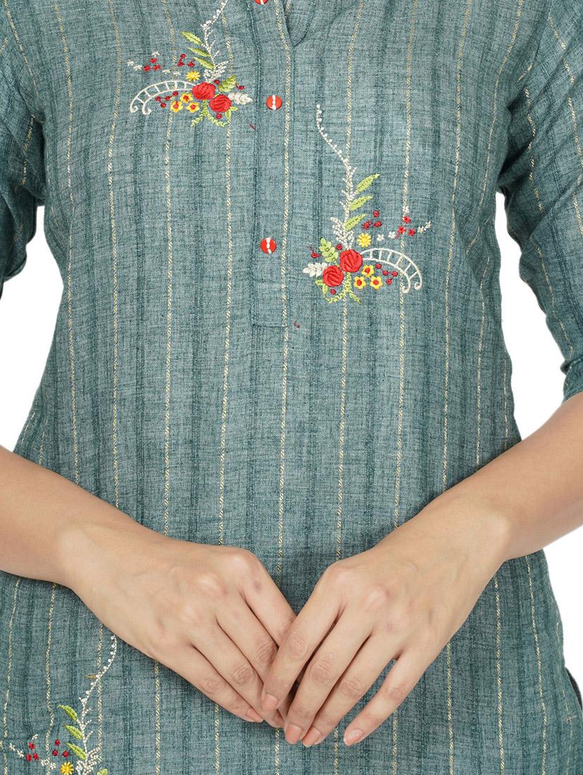 teal cotton straight kurta - 17466991 - Standard Image - 3