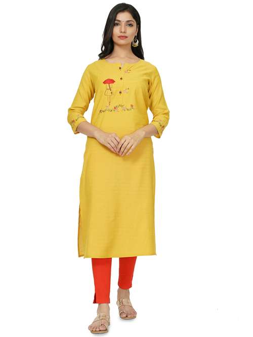 yellow cotton straight kurta - 17467004 - Standard Image - 0